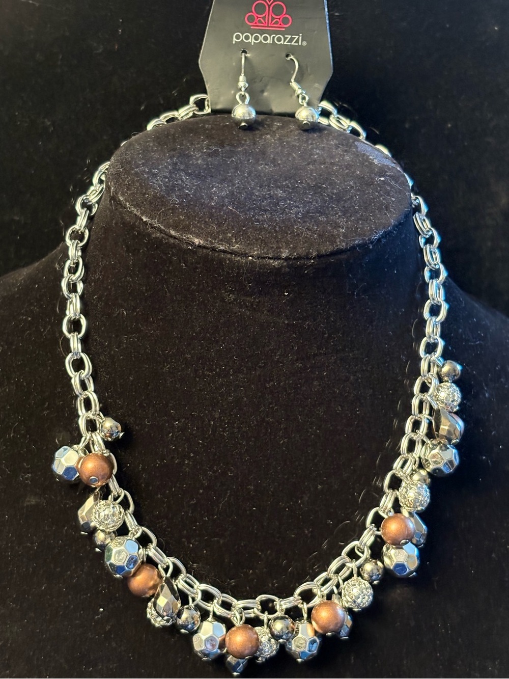 paparazzi Silver Chain Necklace with Bronze and Silver Beads